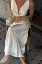 Solid Satin Cowl-Neck Luxury Party Dress