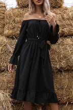 Off Shoulder Drawstring Neck Ruffle Cuff Tie Waist Midi Dress