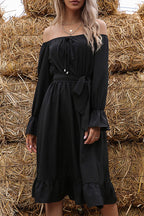 Off Shoulder Drawstring Neck Ruffle Cuff Tie Waist Midi Dress