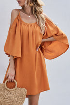 Cold Shoulder Bell Sleeve Gathered Scoop Neck Shift Mini Dress