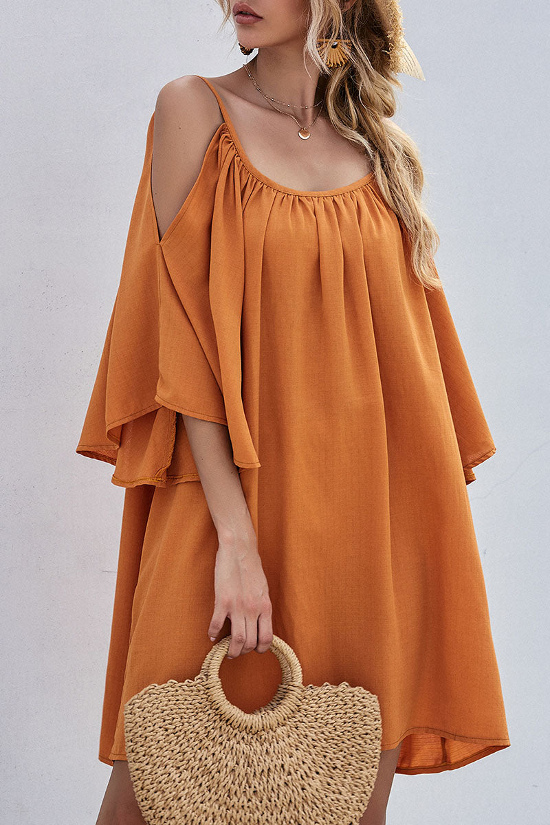 Cold Shoulder Bell Sleeve Gathered Scoop Neck Shift Mini Dress