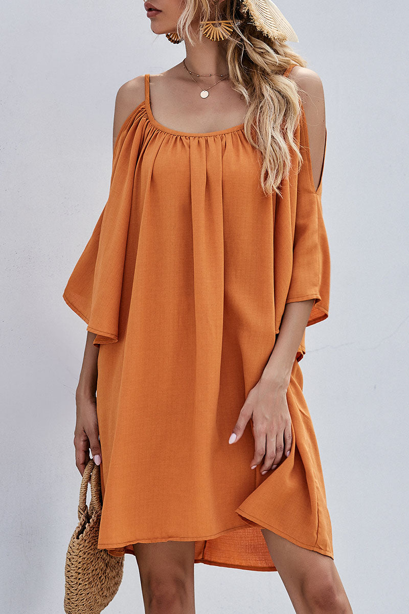Cold Shoulder Bell Sleeve Gathered Scoop Neck Shift Mini Dress