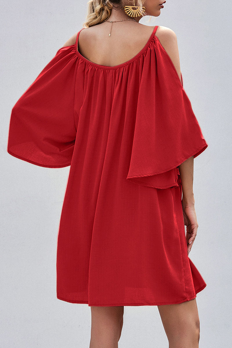 Cold Shoulder Bell Sleeve Gathered Scoop Neck Shift Mini Dress