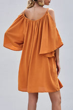 Cold Shoulder Bell Sleeve Gathered Scoop Neck Shift Mini Dress