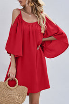 Cold Shoulder Bell Sleeve Gathered Scoop Neck Shift Mini Dress