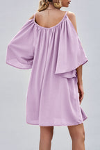 Cold Shoulder Bell Sleeve Gathered Scoop Neck Shift Mini Dress