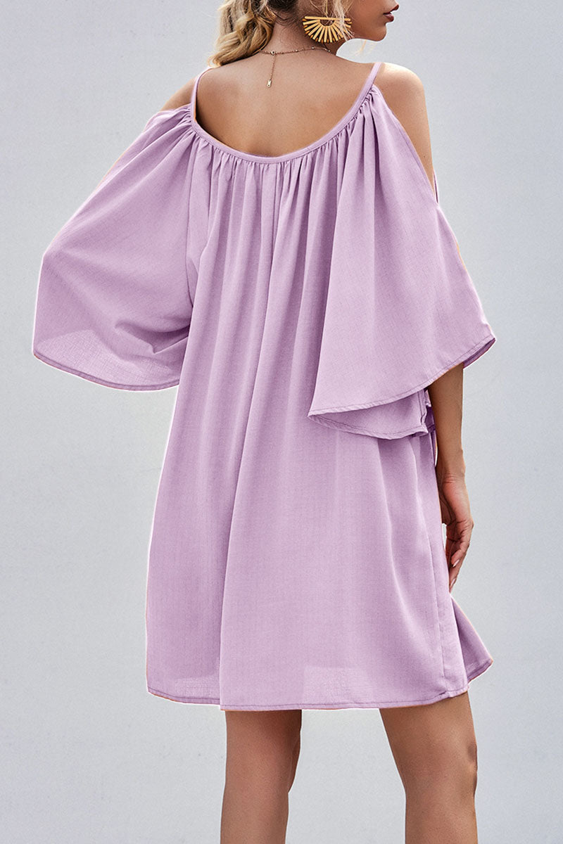 Cold Shoulder Bell Sleeve Gathered Scoop Neck Shift Mini Dress
