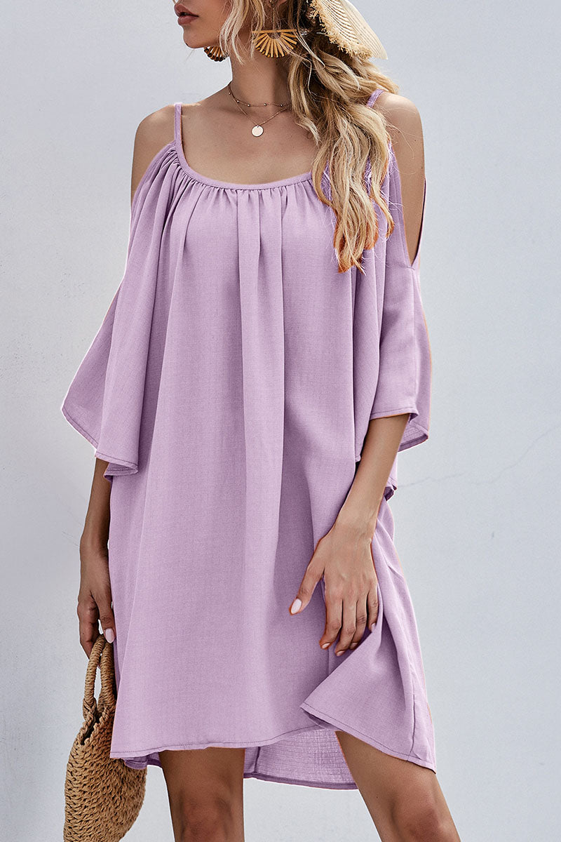 Cold Shoulder Bell Sleeve Gathered Scoop Neck Shift Mini Dress