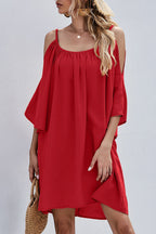 Cold Shoulder Bell Sleeve Gathered Scoop Neck Shift Mini Dress
