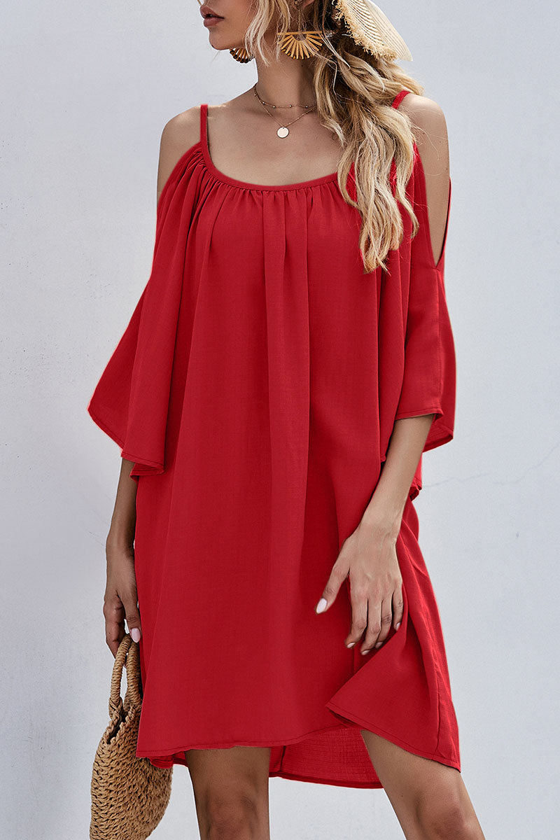 Cold Shoulder Bell Sleeve Gathered Scoop Neck Shift Mini Dress