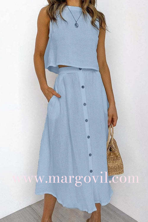 Sleeveless Crop Top and Button Down Skirt Cotton Linen Two Pieces