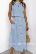 Sleeveless Crop Top and Button Down Skirt Cotton Linen Two Pieces