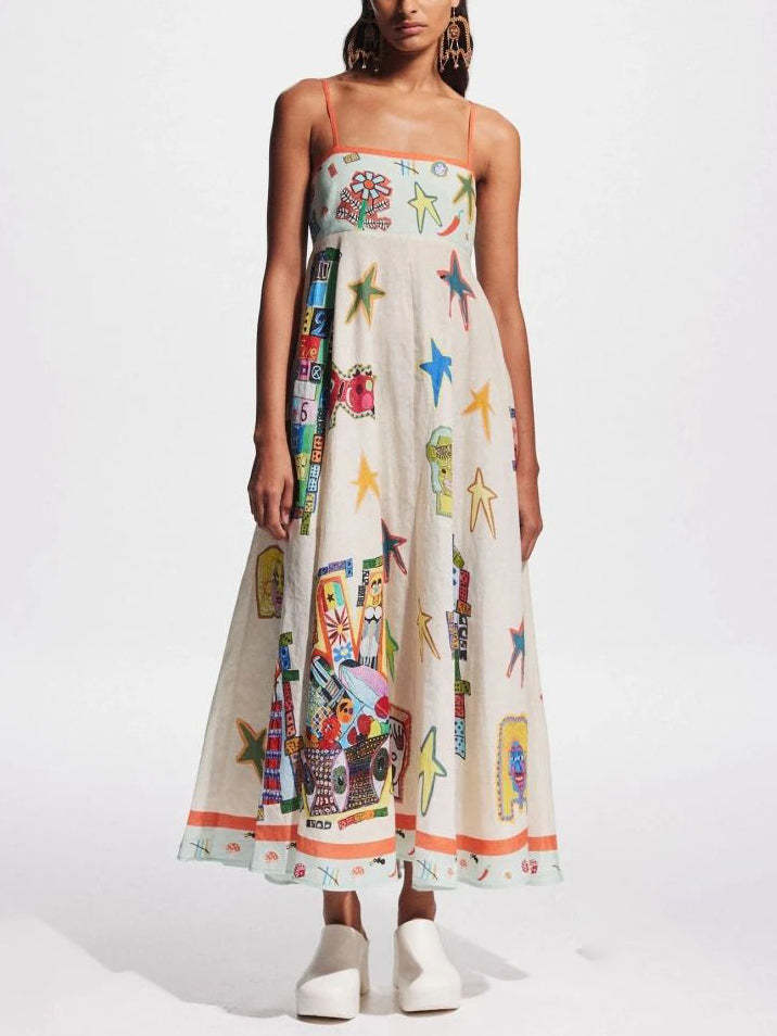 Spaghetti Strap Square Neck Folk Art Graphic Print Midi Dress