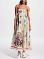 Spaghetti Strap Square Neck Folk Art Graphic Print Midi Dress