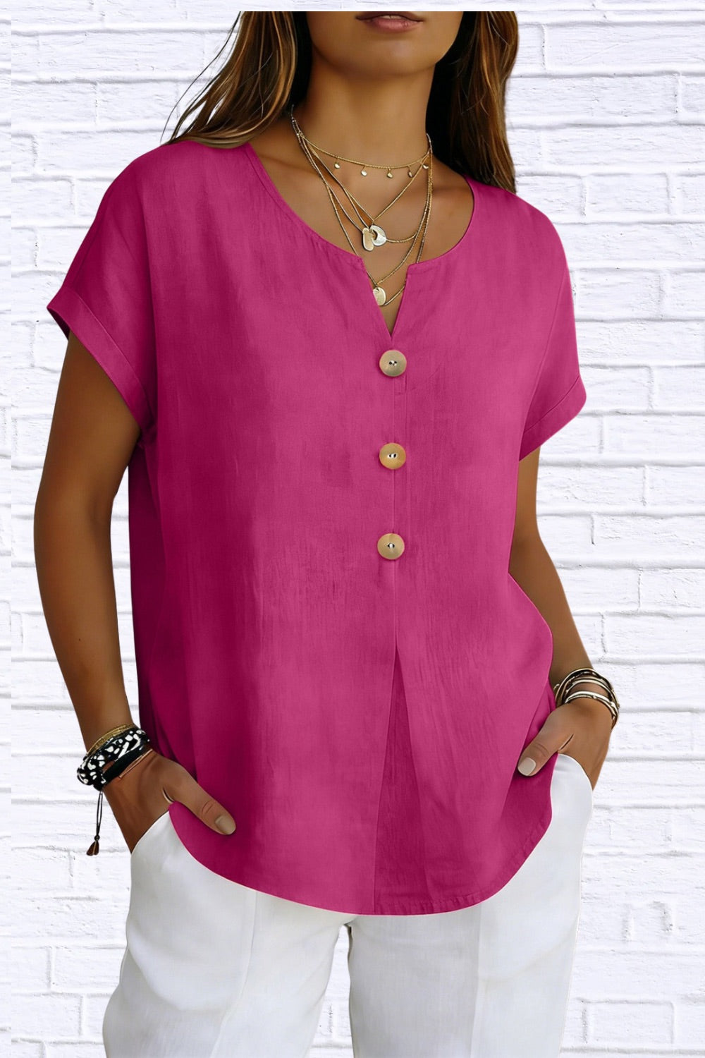 Decor Button Short Sleeve Blouse | Elegant Women__ Top