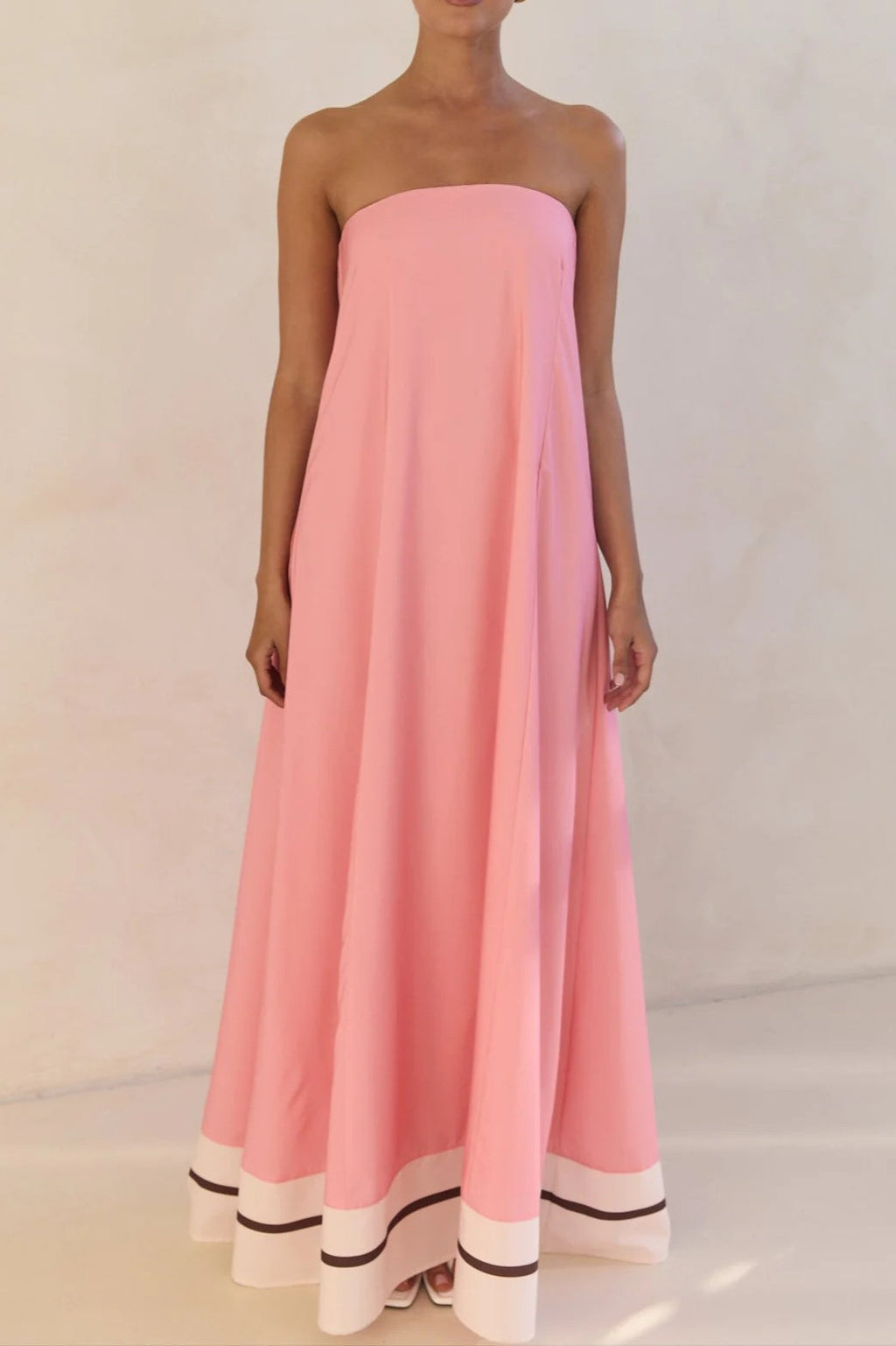 Strapless Contrast Band Hem A-Line Maxi Dress