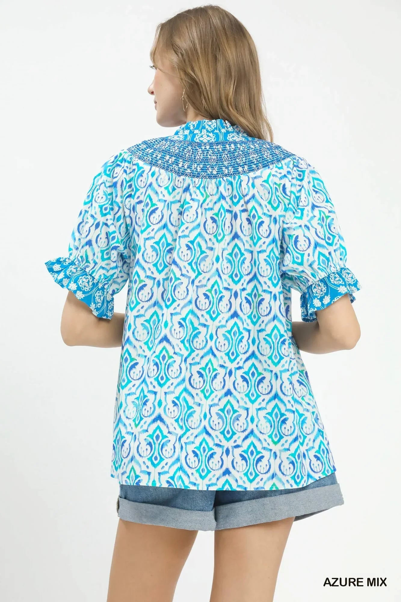 Umgee Mix Boho Puff Sleeve Smocked Top