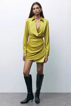 Satin Collared Wrap Deep V-Neck Long Sleeve Ruched Mini Dress
