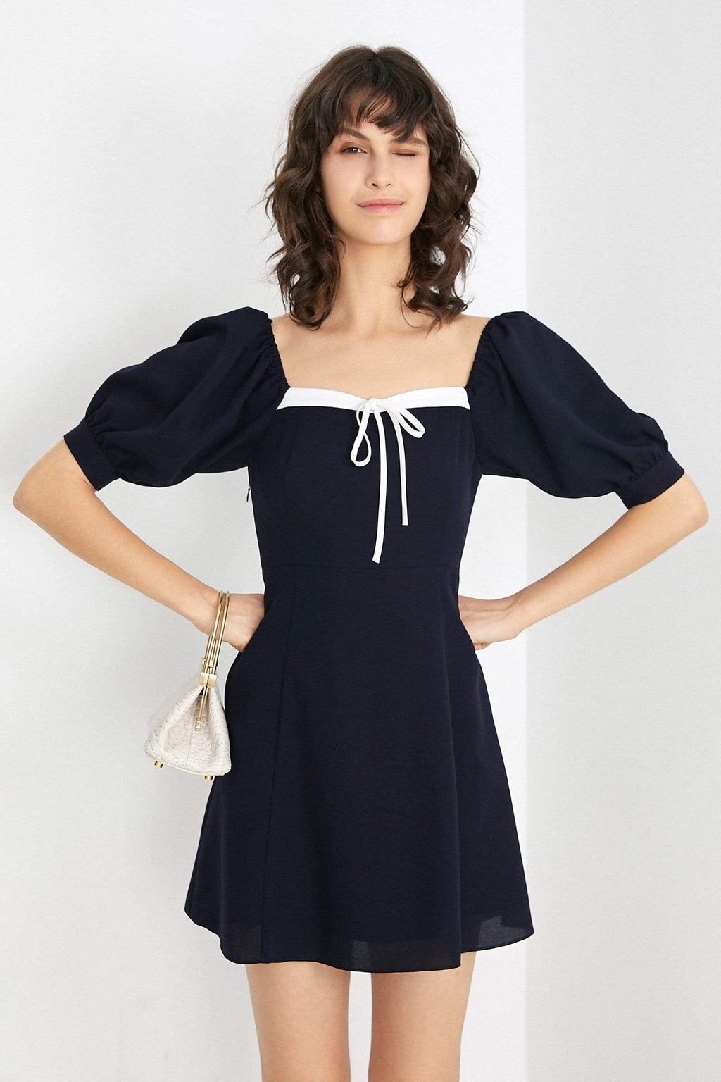 Square Neck Puff Sleeve Contrast Trim Tie Front A-Line Mini Dress