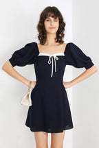 Square Neck Puff Sleeve Contrast Trim Tie Front A-Line Mini Dress