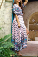 Bohemian Print Buckle Slit V Neck Dresses(7 colors)
