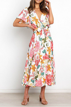 Fashion Elegant Floral Flounce Strap Design V Neck Waist Skirt Dresses