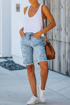 Casual Solid Ripped High Waist Straight Denim Shorts