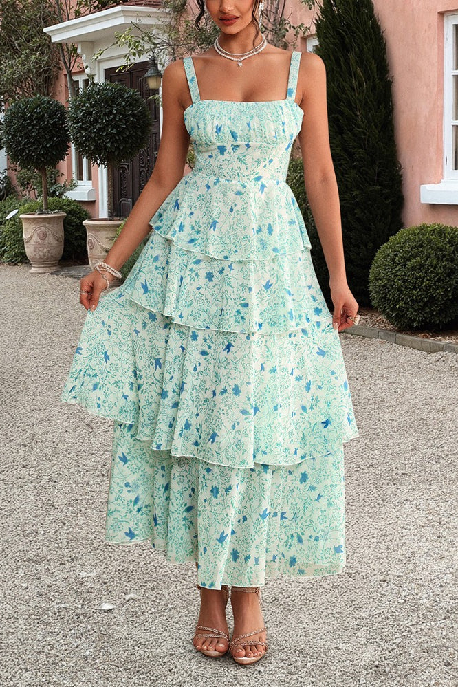 Square Neck Ruched Bust Toile Floral Print Tiered Maxi Dress