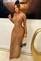 Checkered Mesh Mock Neck Long Sleeve Bodycon Maxi Dress