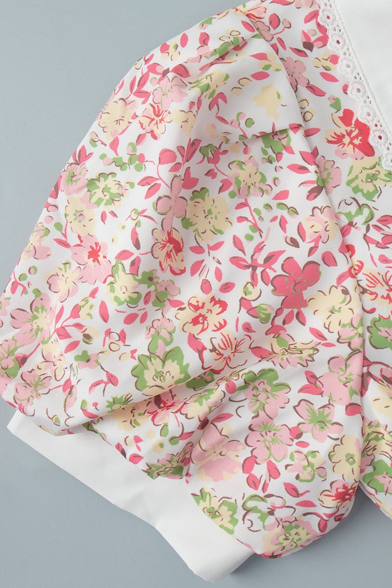 Pink Peter Pan Collar Puff Sleeve Button Front Pleated Ruffle Hem Floral Print Mini Dress