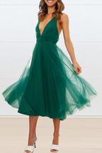 Thalia Exclusive Casual Solid Mesh V Neck Cake Skirt Dresses (4 Colors) Chic Silhouette Collection