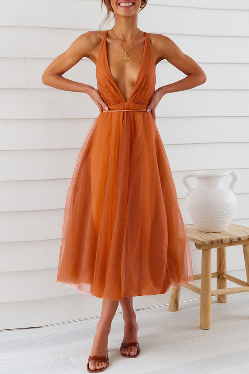 Thalia Exclusive Casual Solid Mesh V Neck Cake Skirt Dresses (4 Colors) Chic Silhouette Collection