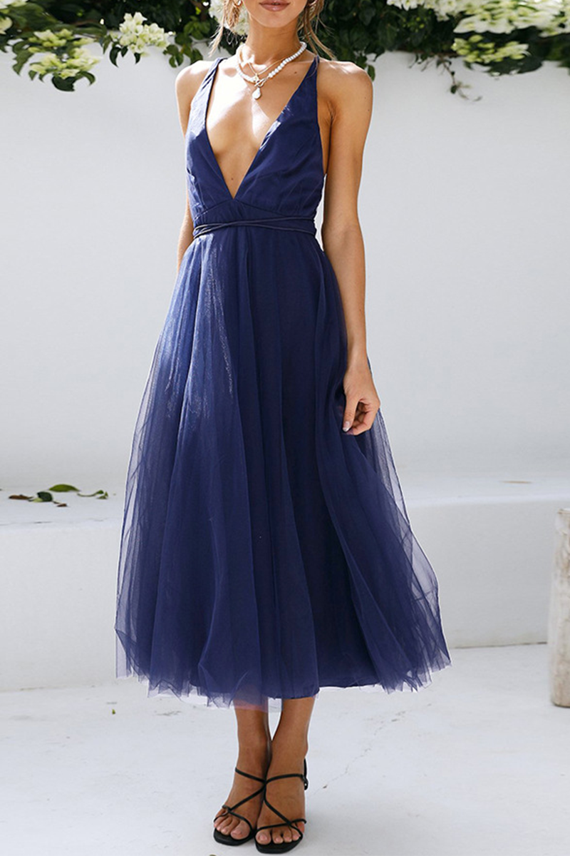 Thalia Exclusive Casual Solid Mesh V Neck Cake Skirt Dresses (4 Colors) Chic Silhouette Collection