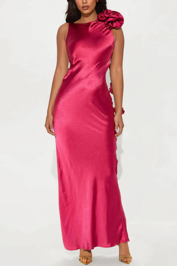 Satin Floral Embellishment Backless Elegant Slim-fit Maxi Dress