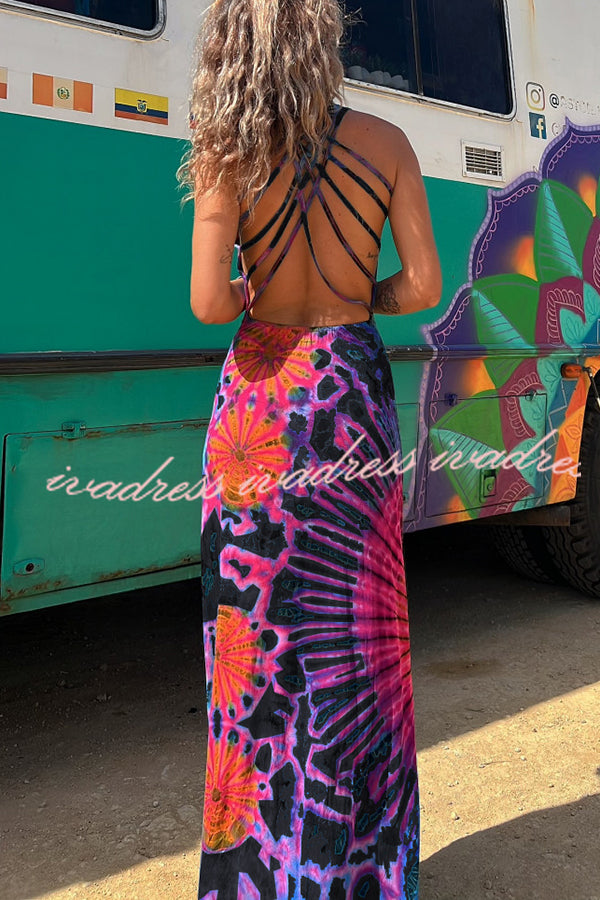 La Bamba Tie-dye Print Back Lace-up Stretch Maxi Dress