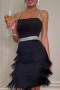 Square Neck Rhinestone Strap Tiered Fringe Mini Cocktail Dress