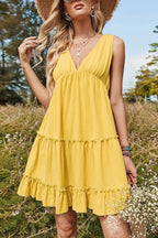 Solid Color V-neck Sleeveless Casual Loose-fitting Vacation Mini Dress