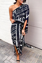 Casual Print Patchwork One Shoulder Waist Skirt Dresses