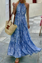 Fashion Print Patchwork Halter Waist Skirt Dresses