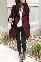 Fashion Solid Asymmetrical Zipper Turndown Collar Outerwear