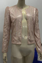 Fashion Solid Sequins Patchwork O Neck Outerwear(7 Colors)