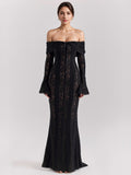 Black Floral Lace Maxi Dress Off Shoulder Bell Long Sleeve Mermaid Bodycon Dress For Women 2026