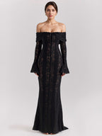 Black Floral Lace Maxi Dress Off Shoulder Bell Long Sleeve Mermaid Bodycon Dress For Women 2026