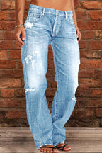 Casual Street Patchwork Ripped Straight Denim Jeans(4 Colors)