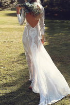 Sweet Solid Lace Backless O Neck Trailing Dresses