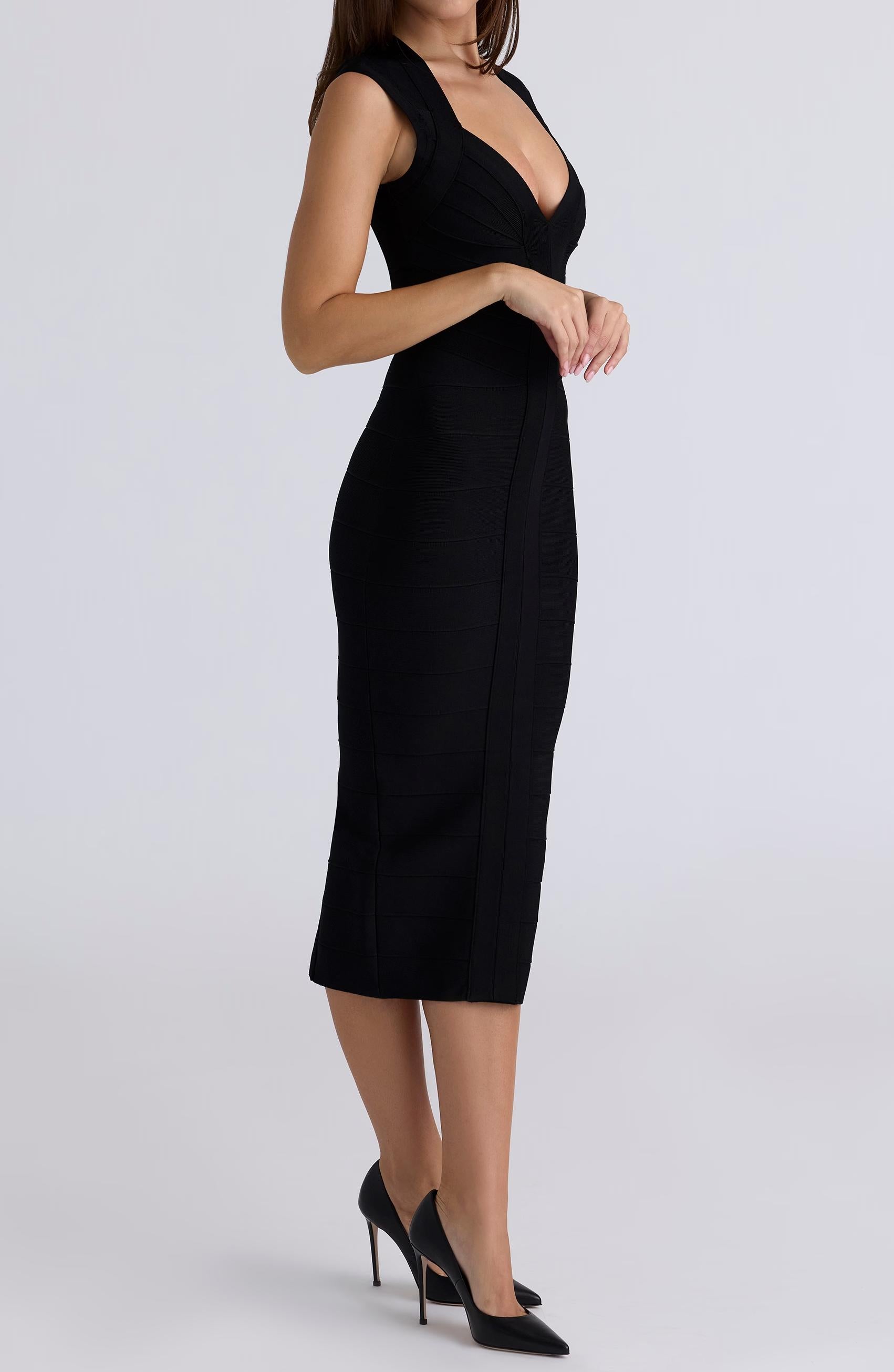 Deep V-Neck Cap Sleeve Ribbed Bandage Bodycon Mini Dress