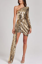 Sequin One Shoulder Long Sleeve Draped Wrap Mini Dress