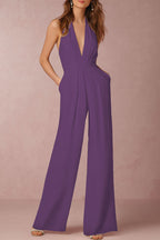 Sexy Elegant Solid Backless Fold V Neck Regular Jumpsuits