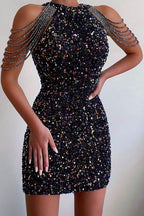 Sequin Halter Neck Beaded Strap Detail Bodycon Mini Dress