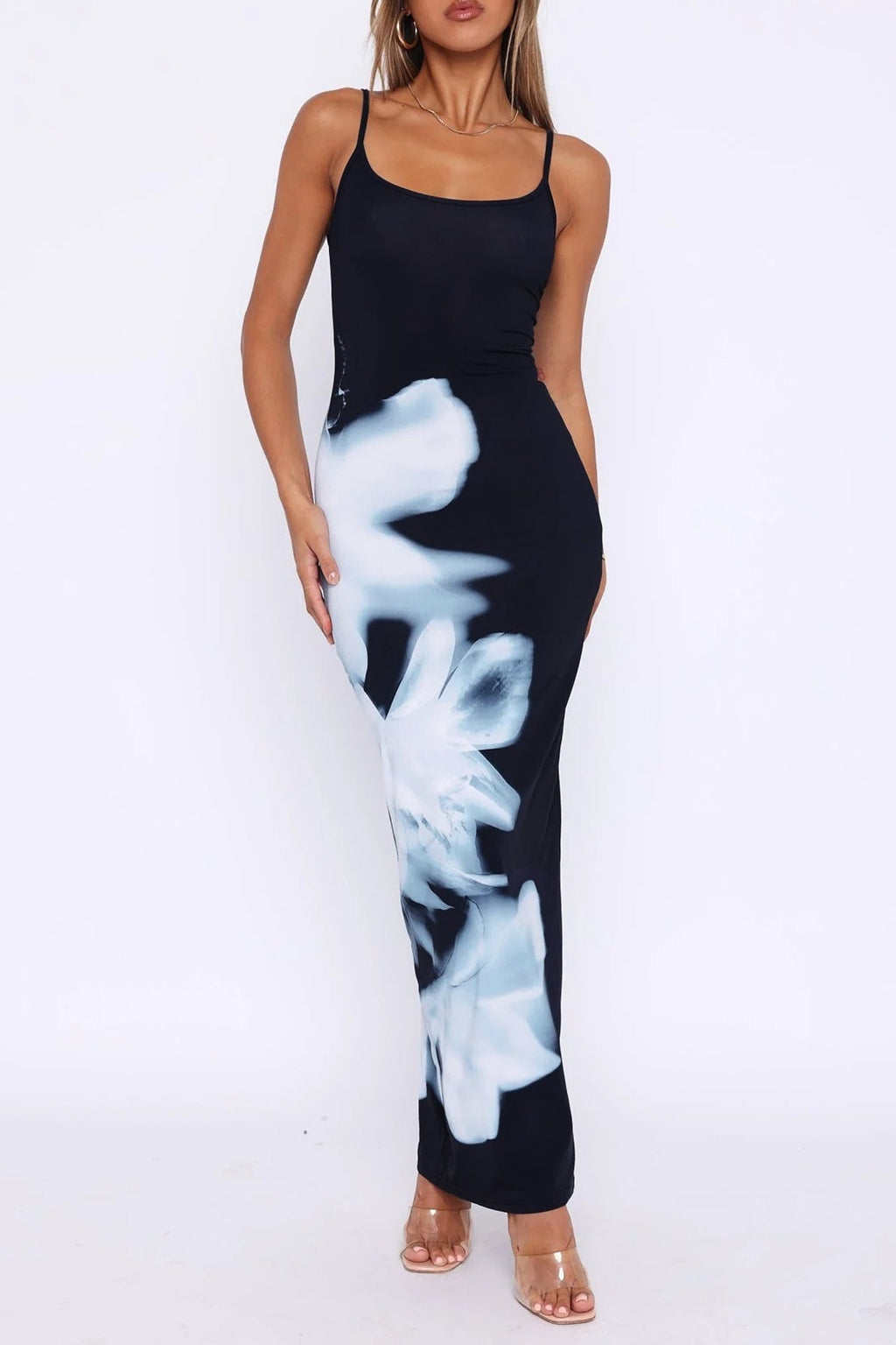 Spaghetti Strap Square Neck Bodycon Abstract Floral Placement Print Maxi Dress